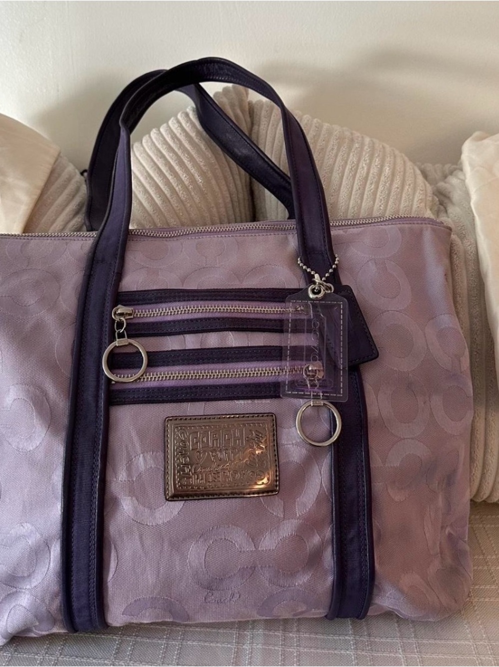 Coach Poppy Lavender Signature Tote with Dark Purple Trim